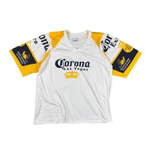Vtg Corona Beer Las Vegas Men's XL V-Neck Graphic Promo Shirt White Yellow 90s‎
